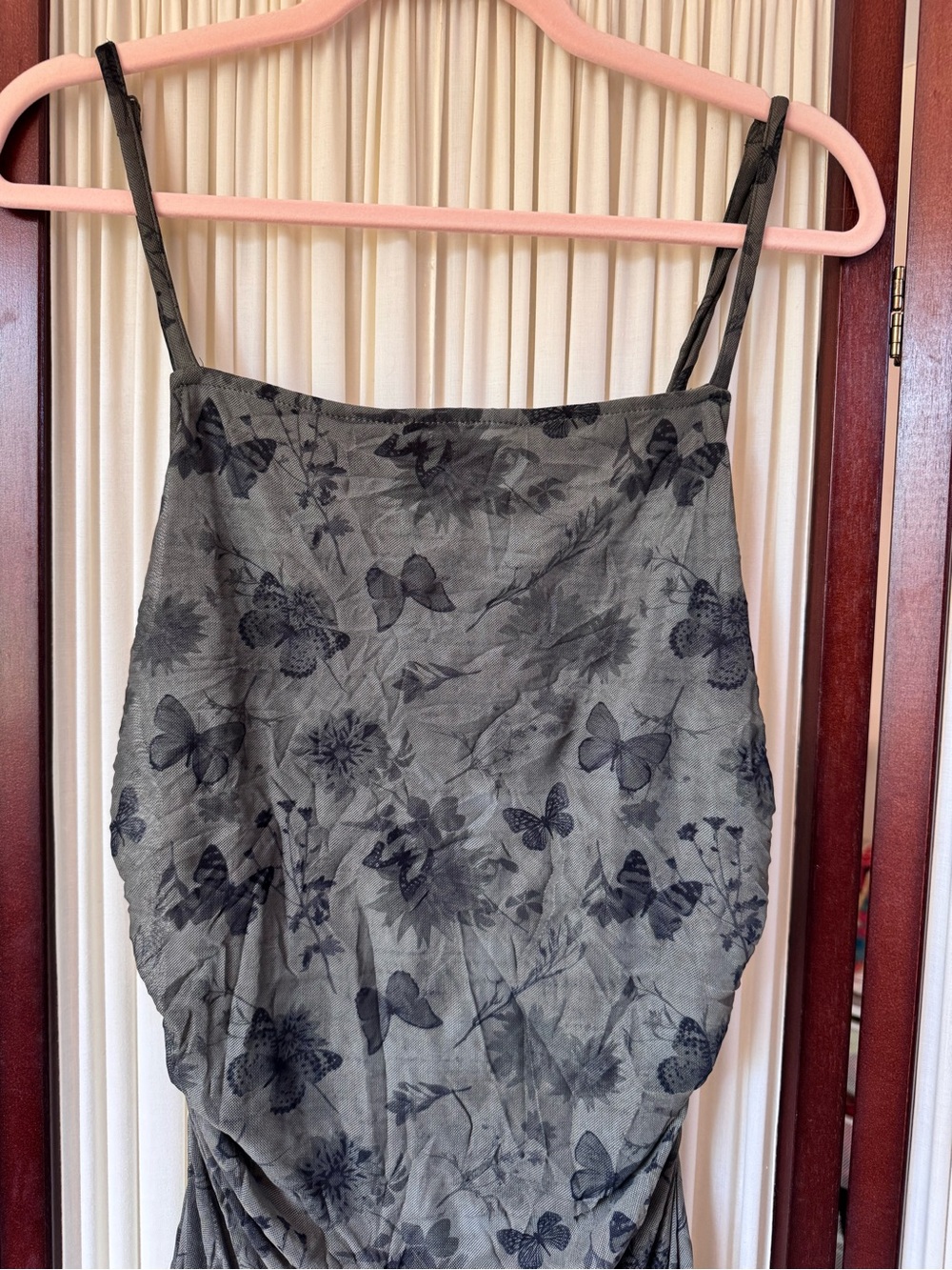 Y2K Butterfly Mesh Ruched Mini Dress Handkerchief Hem - Picture 3 of 4